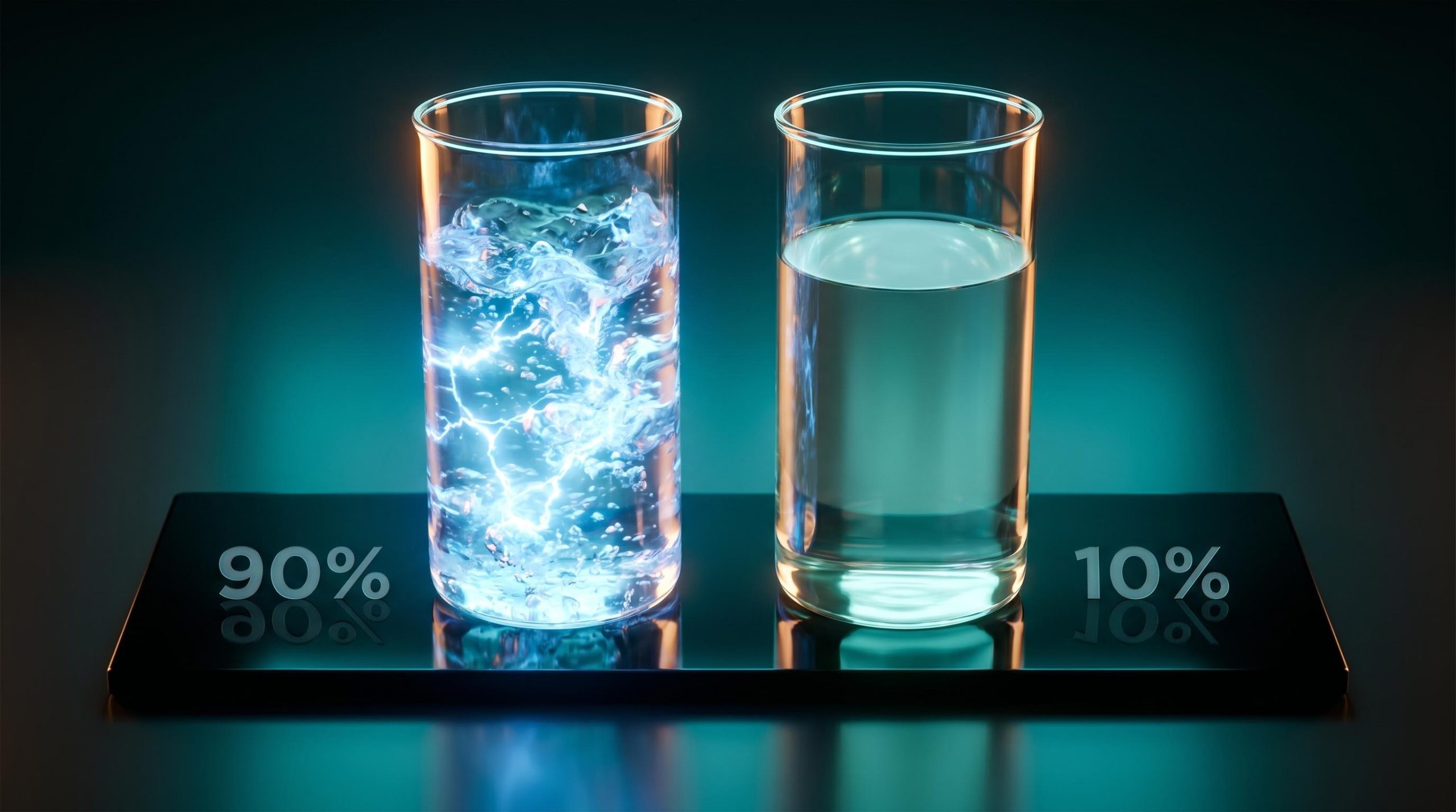 Two equal glass beakers show 90% vs 10% risk contribution — visualising portfolio risk management's hidden beta imbalance