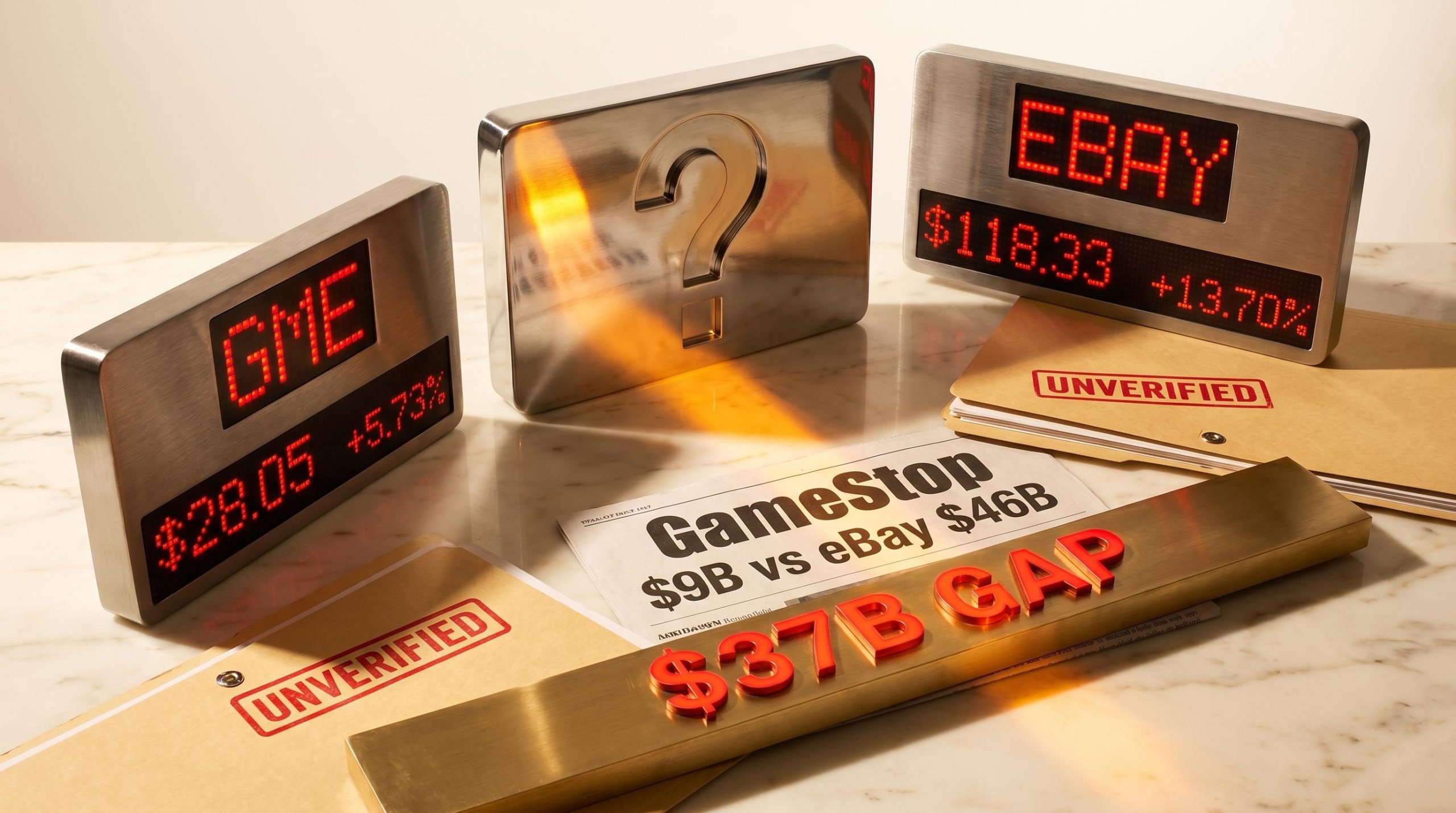 GME and EBAY after-hours tickers showing 5.73% and 13.70% beside a $37B gap marker — GameStop eBay acquisition rumour