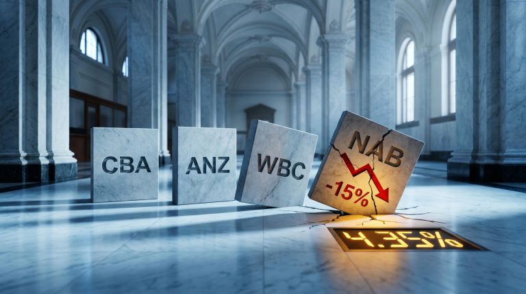 Four ASX bank share tiles on marble floor, NAB cracked at -15% with RBA cash rate 4.35% glowing amber
