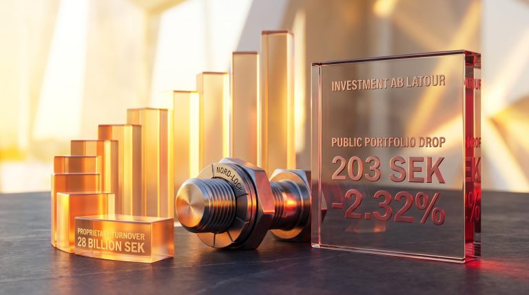 Investment Latour analysis shown via a polished industrial gear beside a glass plaque displaying 203 SEK and 28 billion SEK.