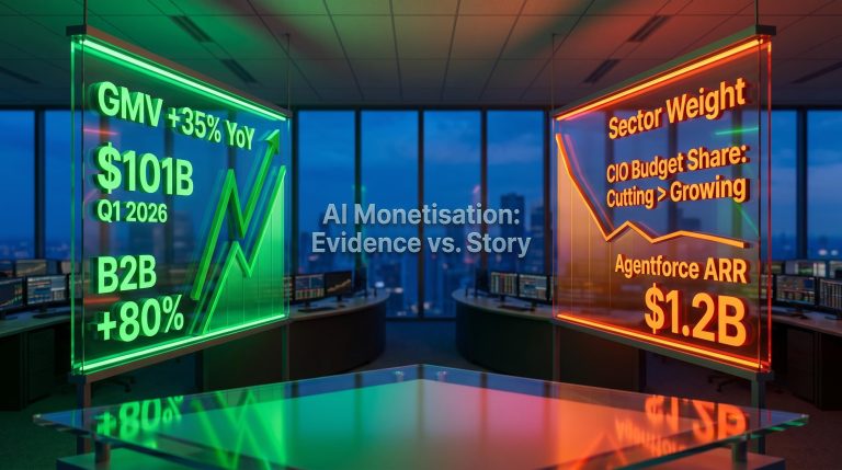 Split data panels show Shopify GMV 35% vs Salesforce CIO budget cuts — AI monetisation divergence analysis