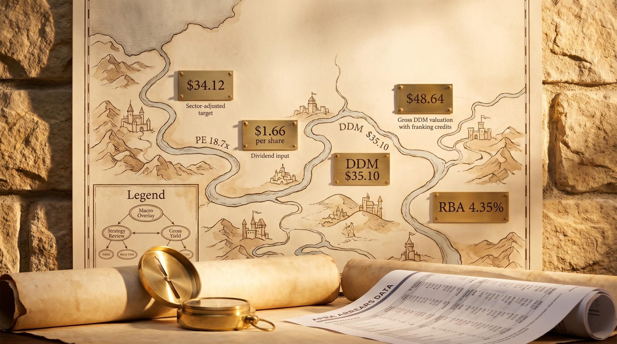 Antique map with brass plaques showing PE 18.7x, $34.12 target and RBA 4.35% illustrating bank stock valuation limits