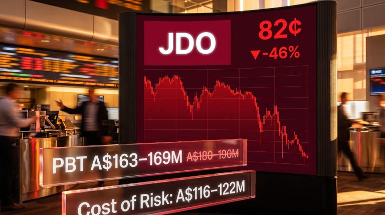 JDO share price crashes 46% on ASX with Judo Capital profit downgrade to A$163–169M displayed on trading screen