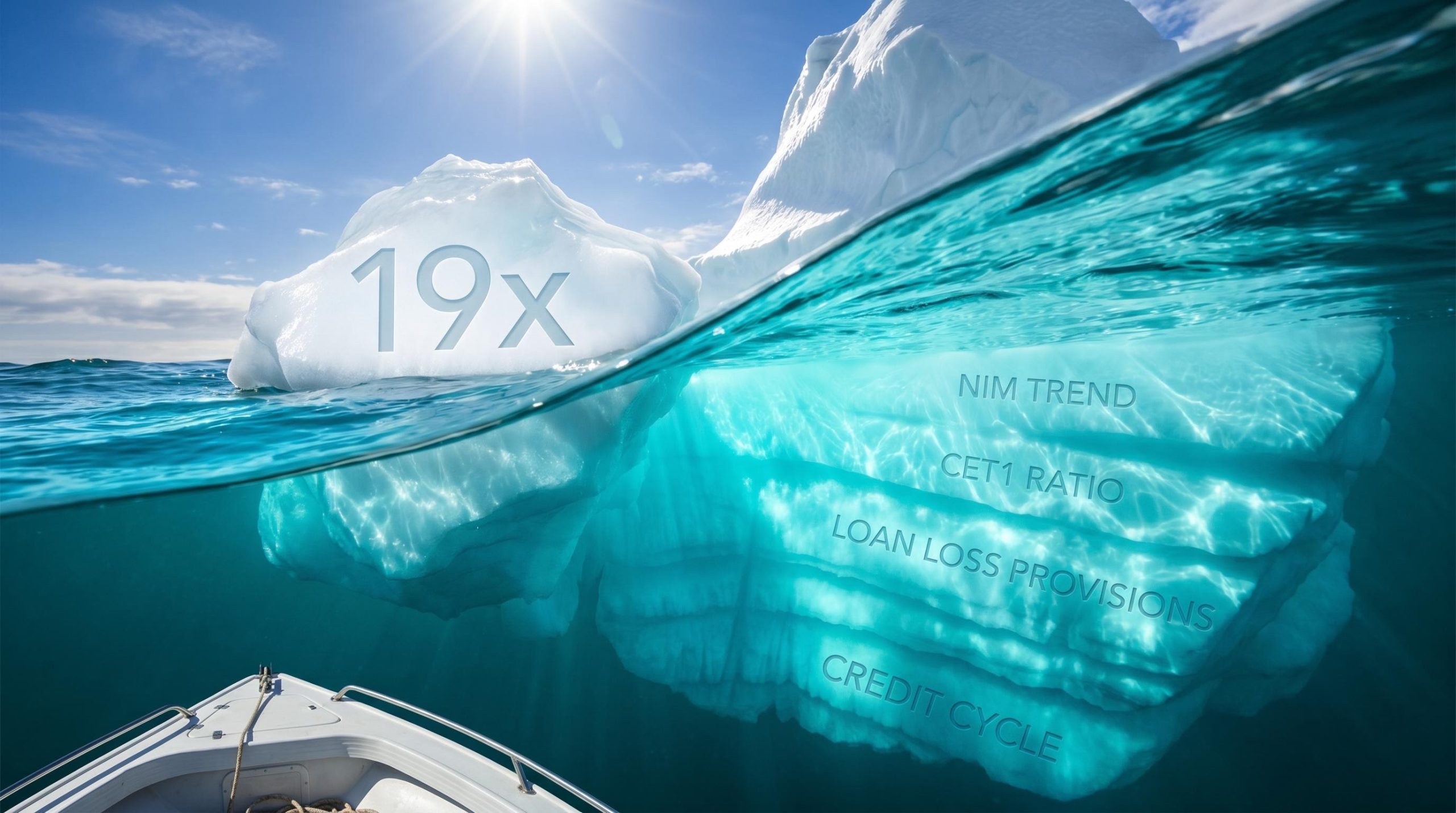 Bank stock valuation iceberg showing PE ratio on surface with NIM, CET1, and credit cycle metrics hidden below