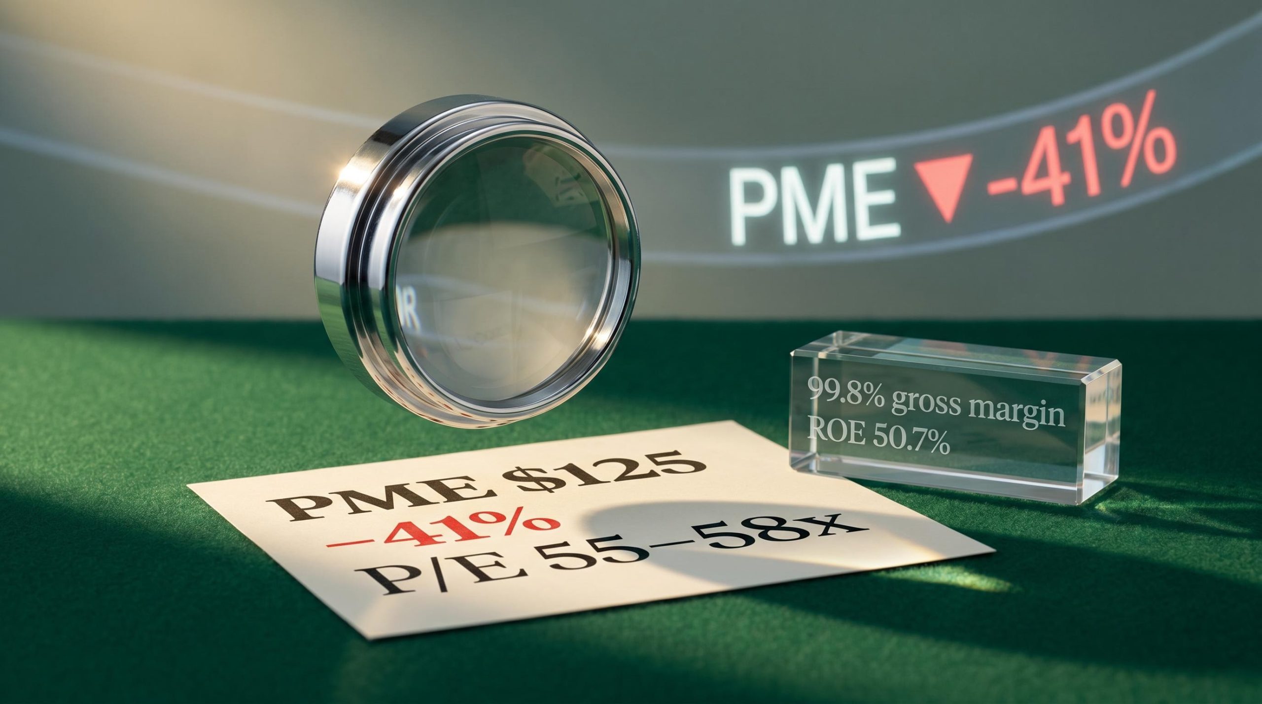 Magnifying lens over Pro Medicus PME financials showing $125 price, –41% decline, and 55–58x P/E under analytical scrutiny