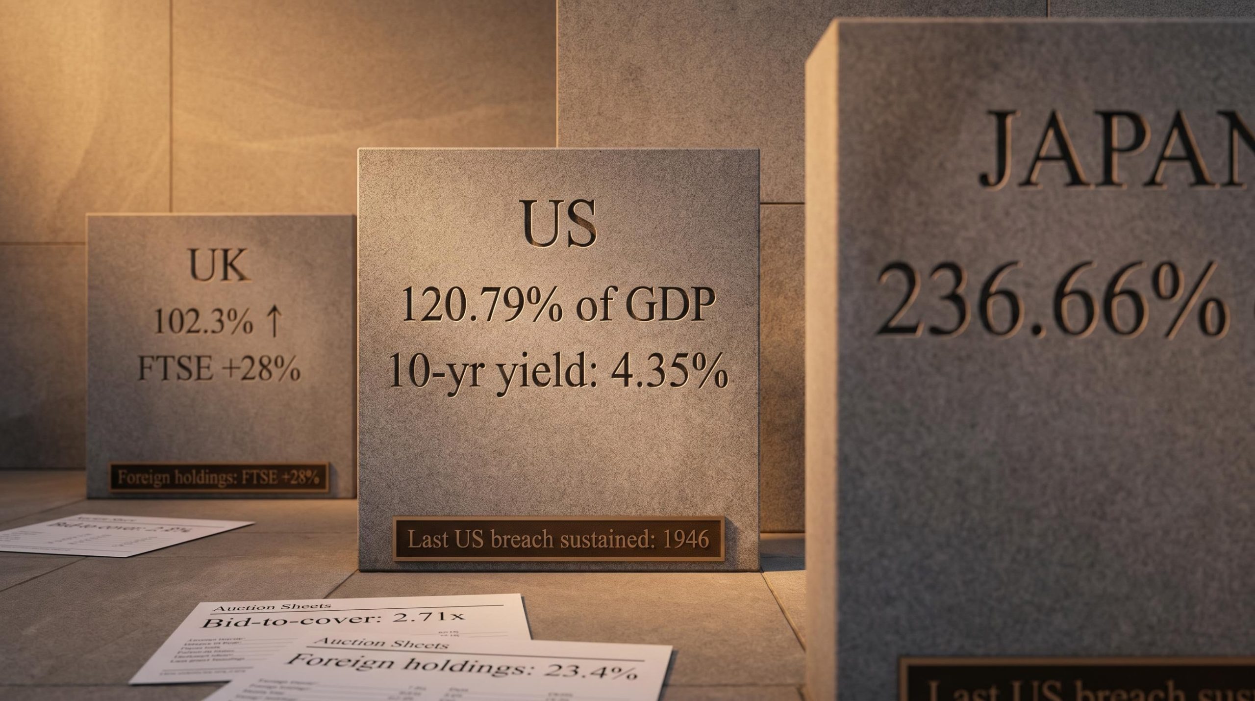 Stone scoreboard comparing US debt-to-GDP at 120.79% alongside UK 102.3% and Japan 236.66% with Treasury yield 4.35%