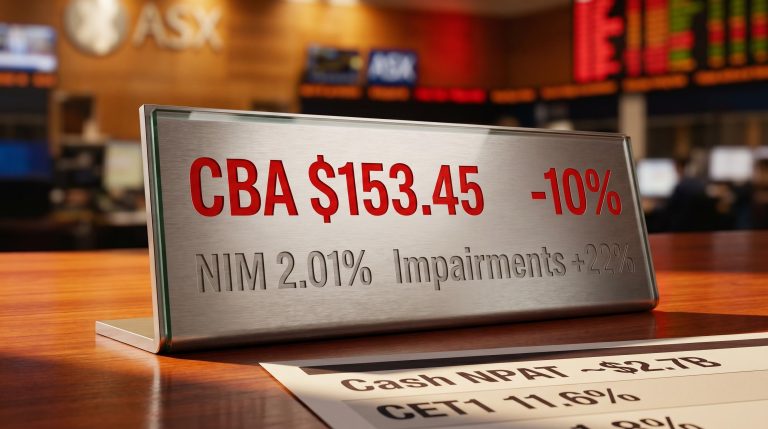 CBA share price ticker showing $153.45 and -10% drop alongside NIM 2.01% and impairment figures on 13 May 2026