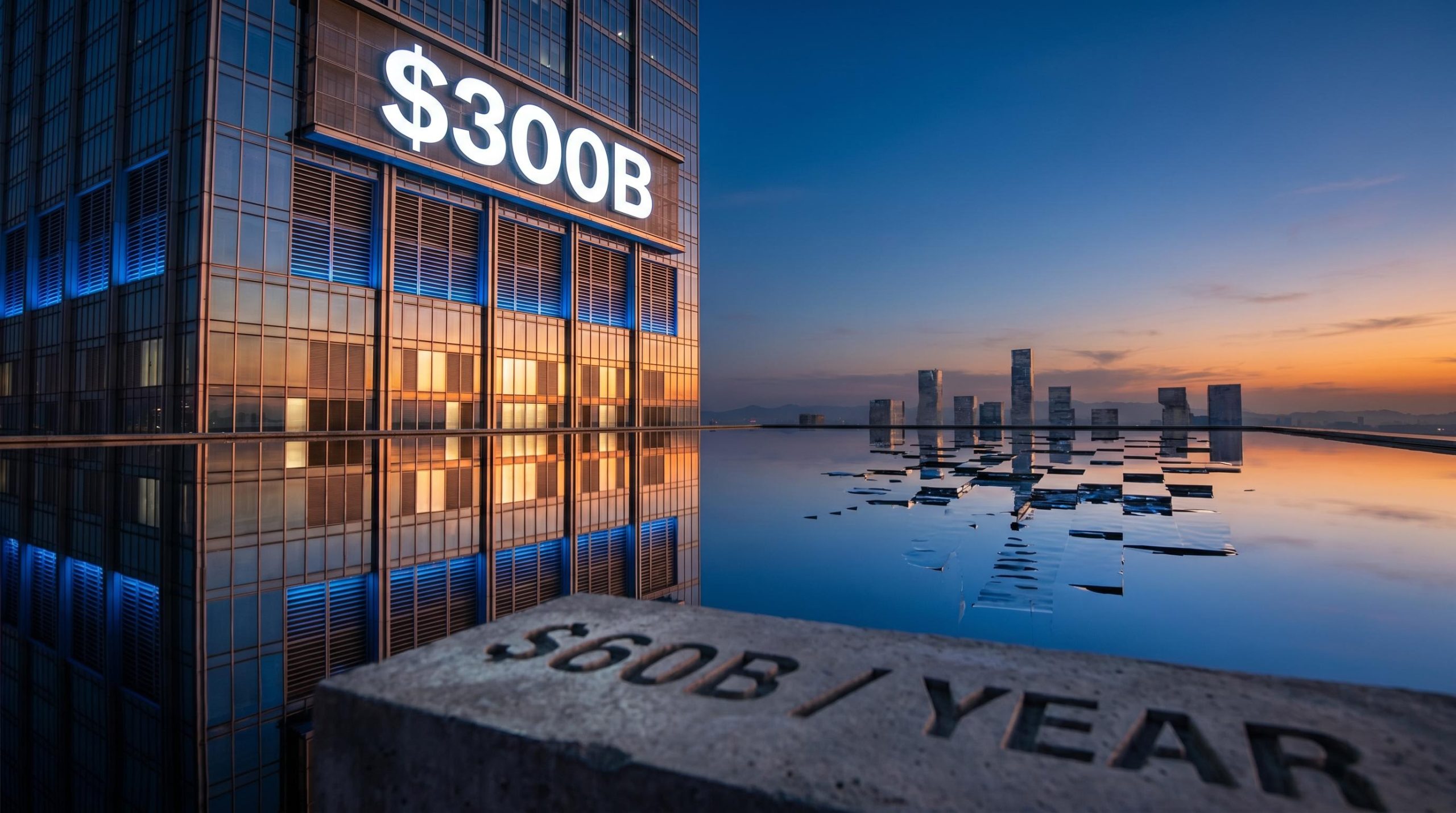 Oracle data centre tower reflected in a fracturing pool, $300B sign lit, as AI business models face open-source erosion