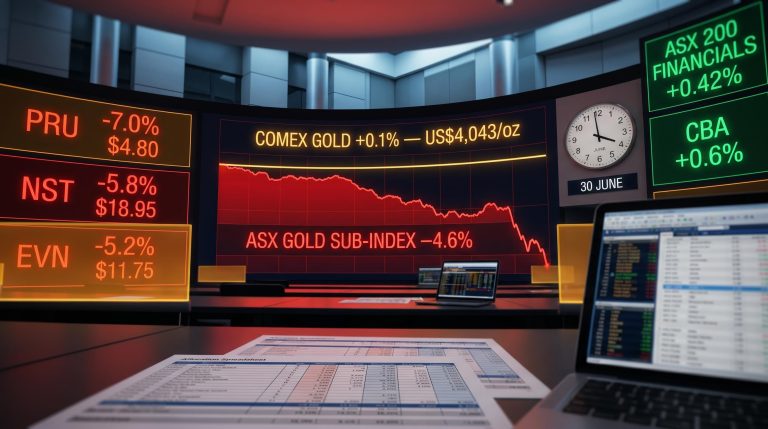 ASX gold stocks fall 4.6% while COMEX gold futures hold flat at US$4,043 in EOFY rebalancing session