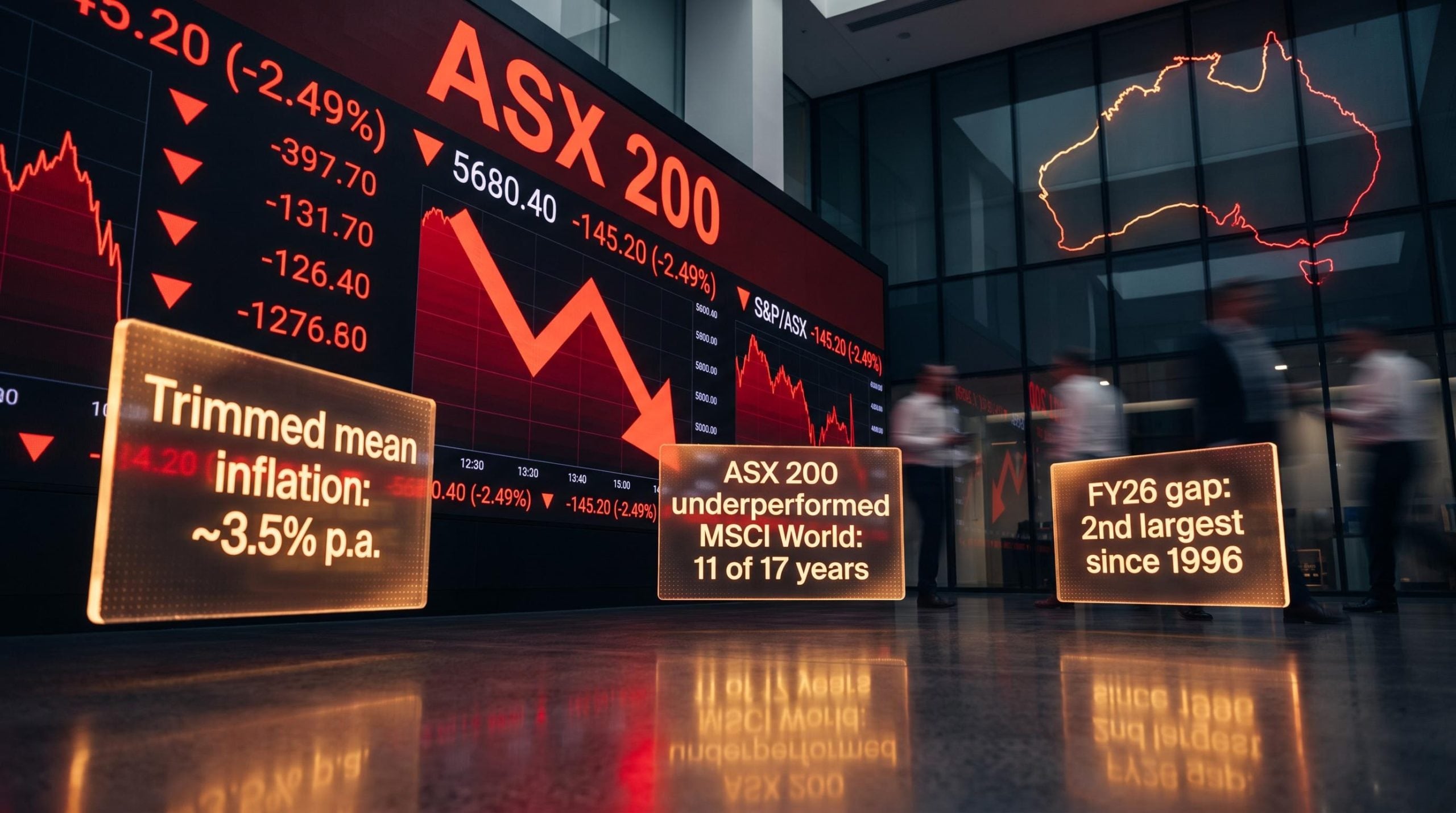 ASX 200 board showing red decline with FY26 underperformance data as Australian economy outlook weakens