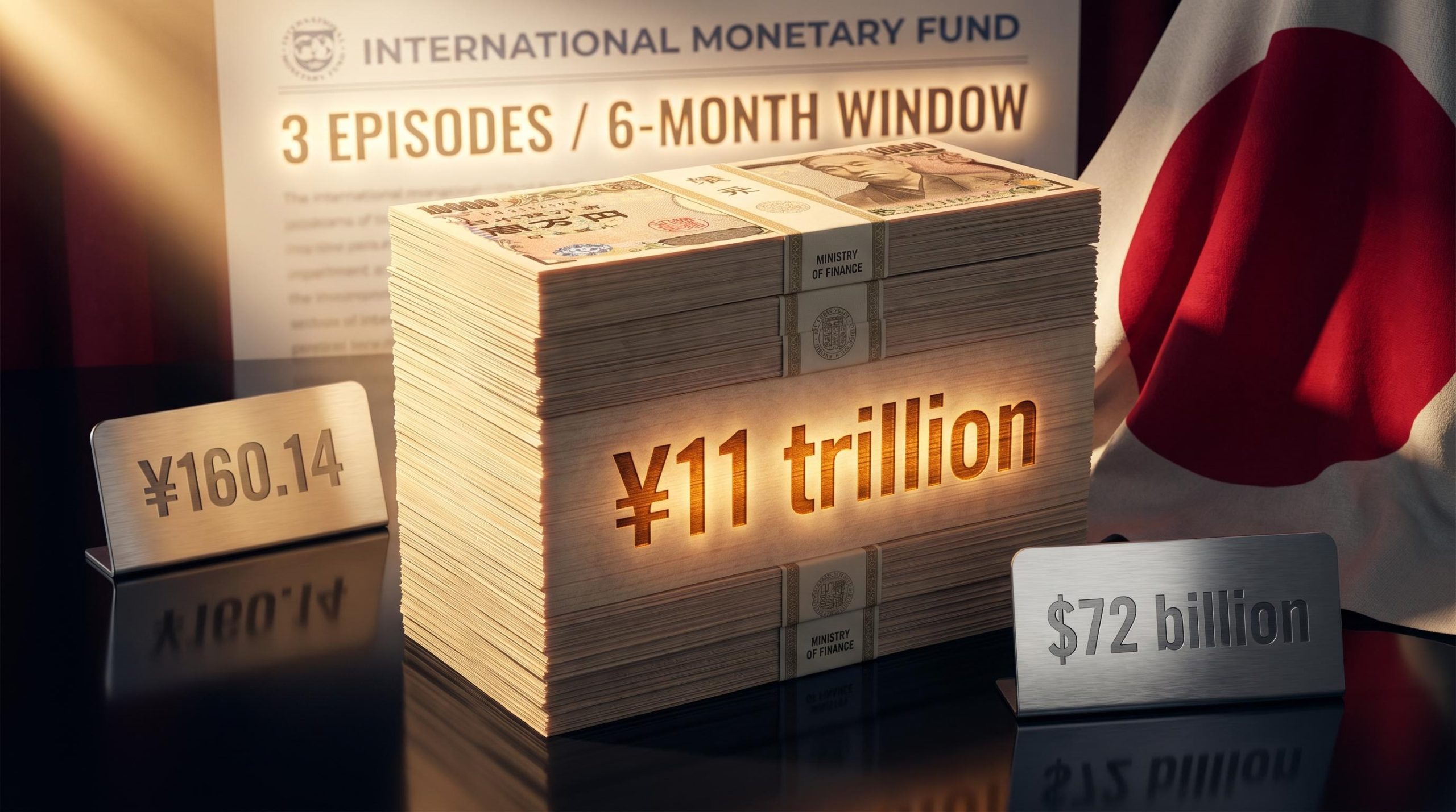 Japan currency intervention ¥11 trillion yen stack with IMF 3-episode threshold and ¥160.14 trigger level displayed