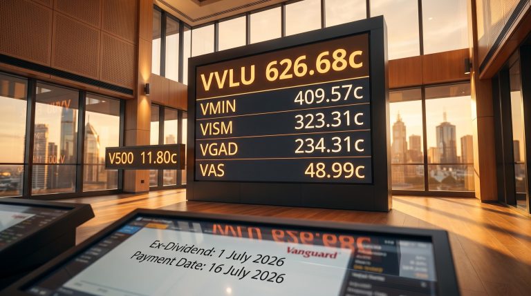 Vanguard ASX ETF distribution board showing VVLU 626.68c to V500 11.80c payouts for 16 July 2026