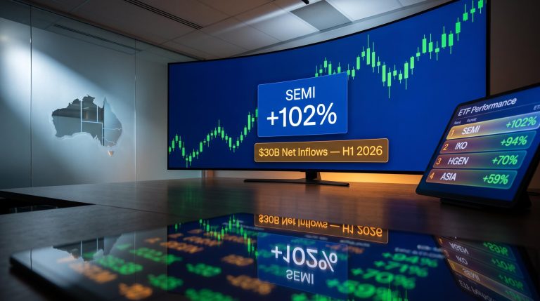 ASX ETF performance data showing SEMI 102% and $30B H1 2026 inflows on vivid trading screens