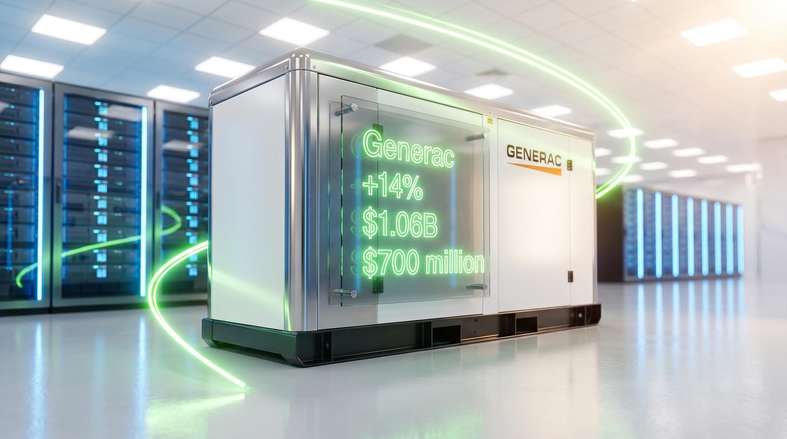 Generac stock data with a 14% rally and $1.06B revenue displayed on a commercial generator inside a bright data center.