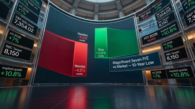 Trading floor data wall showing Nasdaq −4.6% vs Dow 0.6% divergence and RBC S