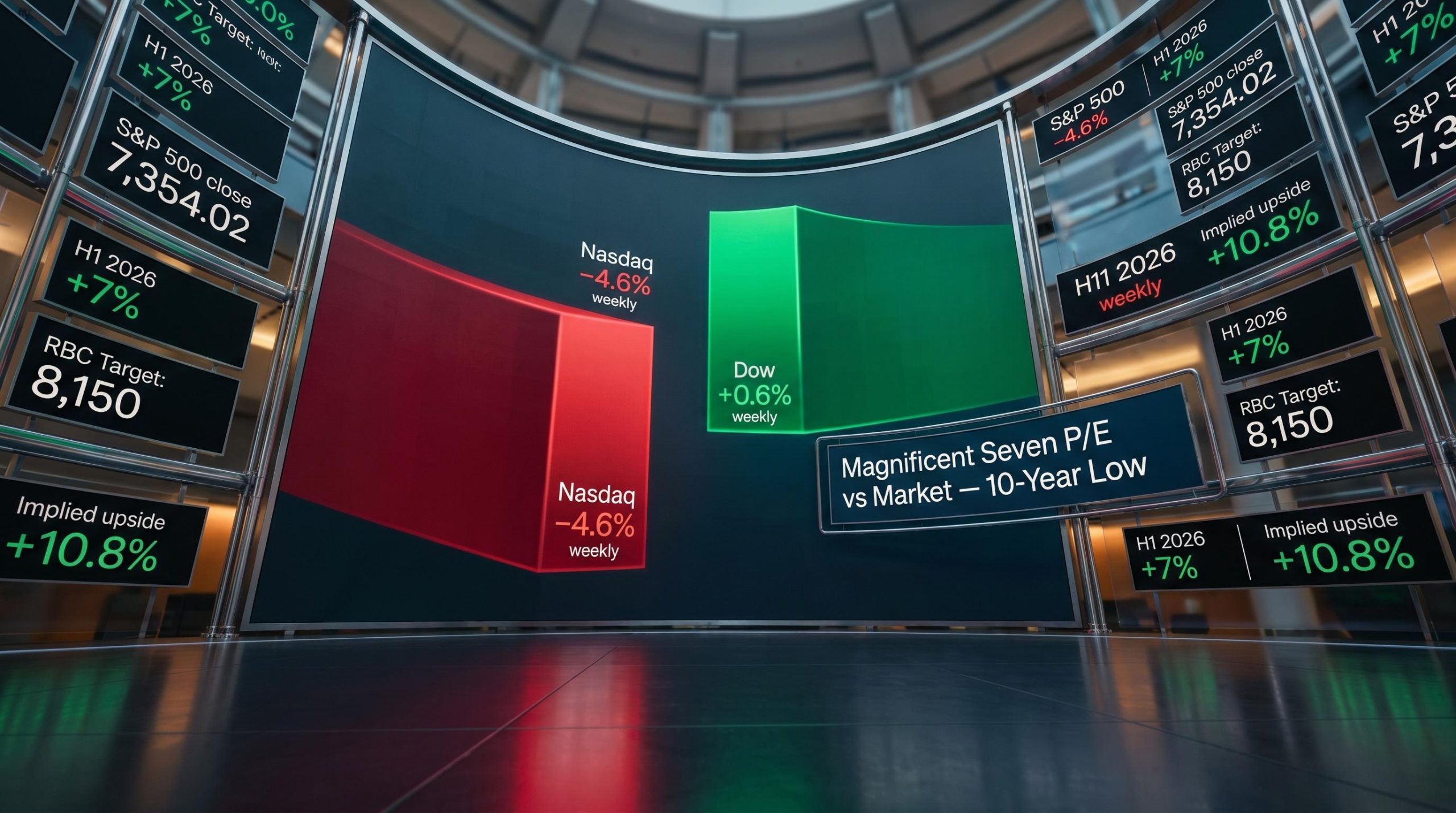 Trading floor data wall showing Nasdaq −4.6% vs Dow 0.6% divergence and RBC S
