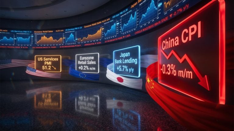 Four global economy data panels for week of 6–10 July 2026, China CPI -0.3% m/m dominating in red