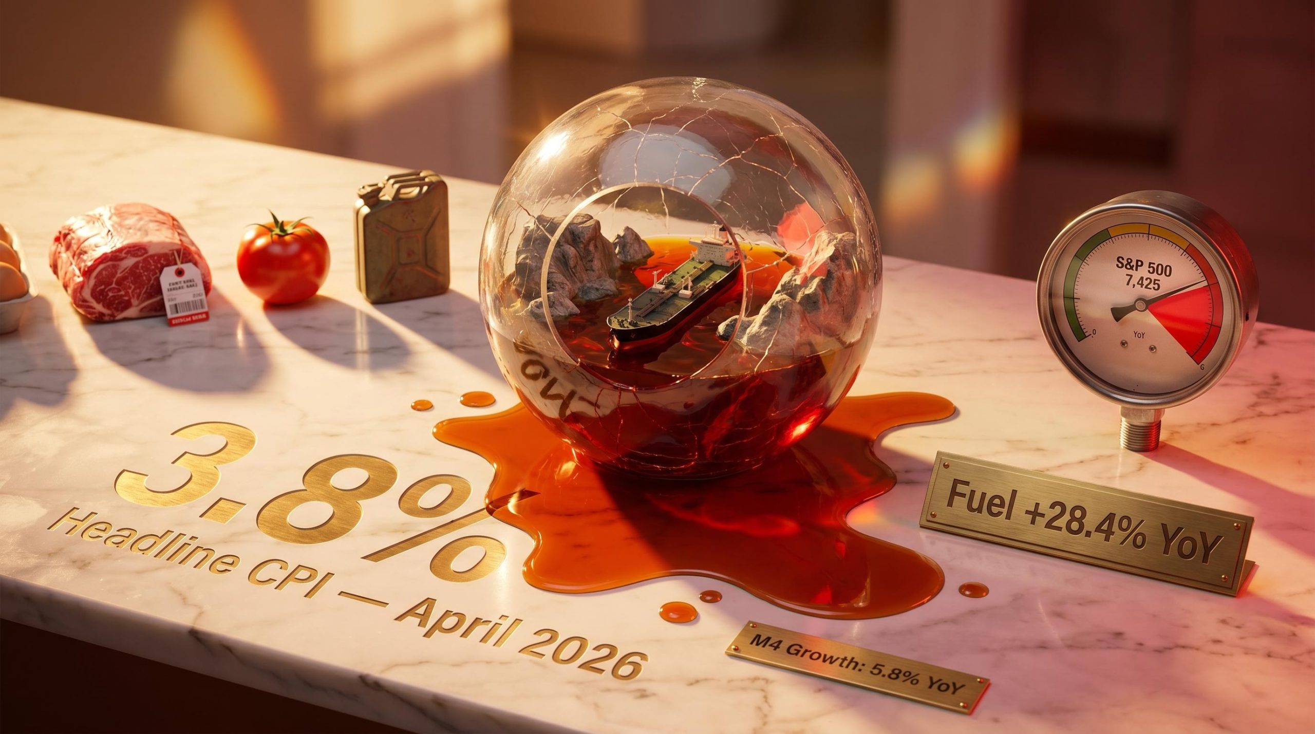 Cracked glass sphere with oil tanker and etched "3.8%" CPI figure on marble — April 2026 US inflation report