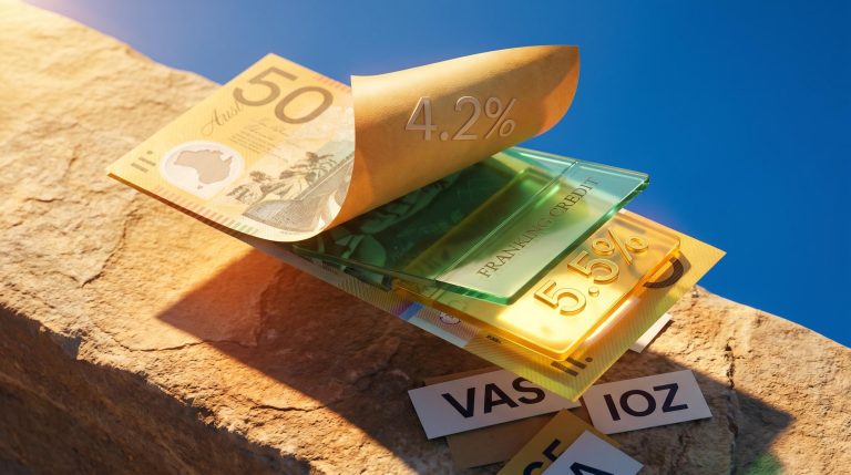 Australian $50 note peeled open revealing franking credit layers, showing 4.2% yield grossing up to 5.5%
