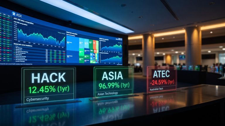 HACK, ASIA, and ATEC ETF performance panels on ASX trading screens showing returns to 30 June 2026