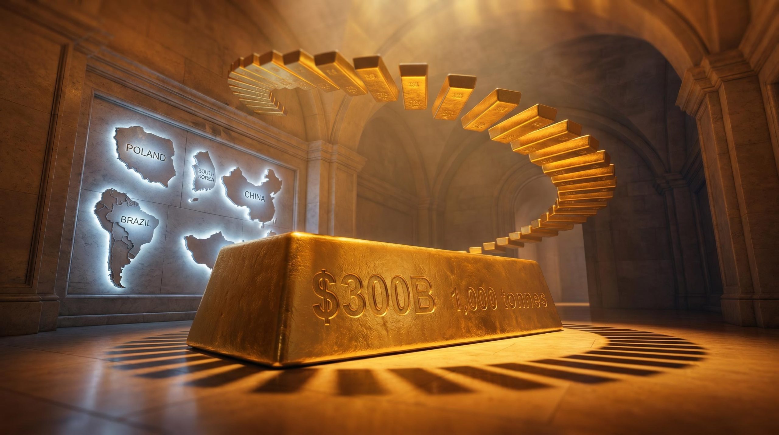 Monumental gold bars in a grand vault with engraved sovereign demand figures — structural reasons to invest in gold