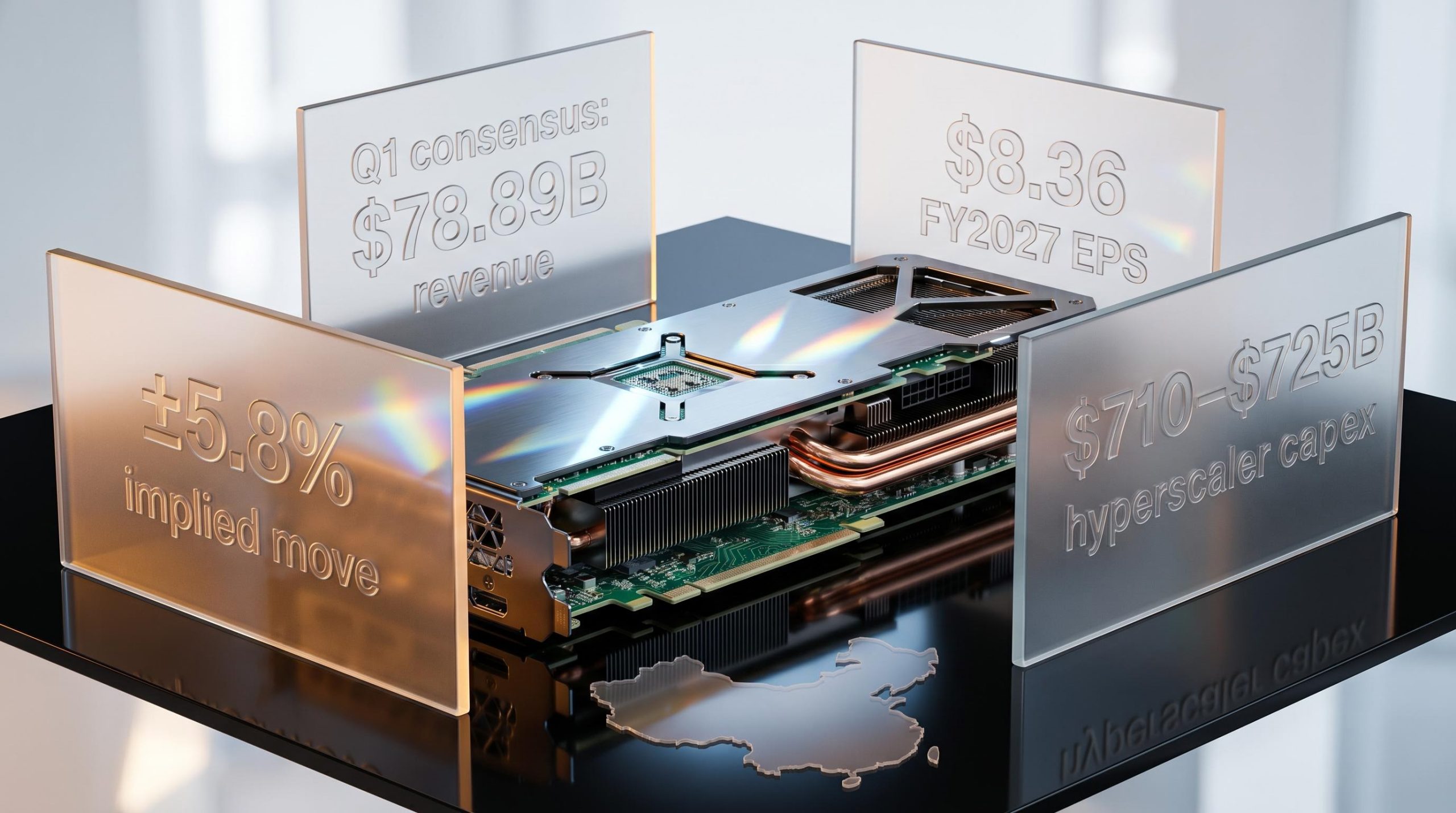 Nvidia GPU surrounded by earnings data panels showing ±5.8% implied move and $710–$725B hyperscaler capex ahead of May 20 print
