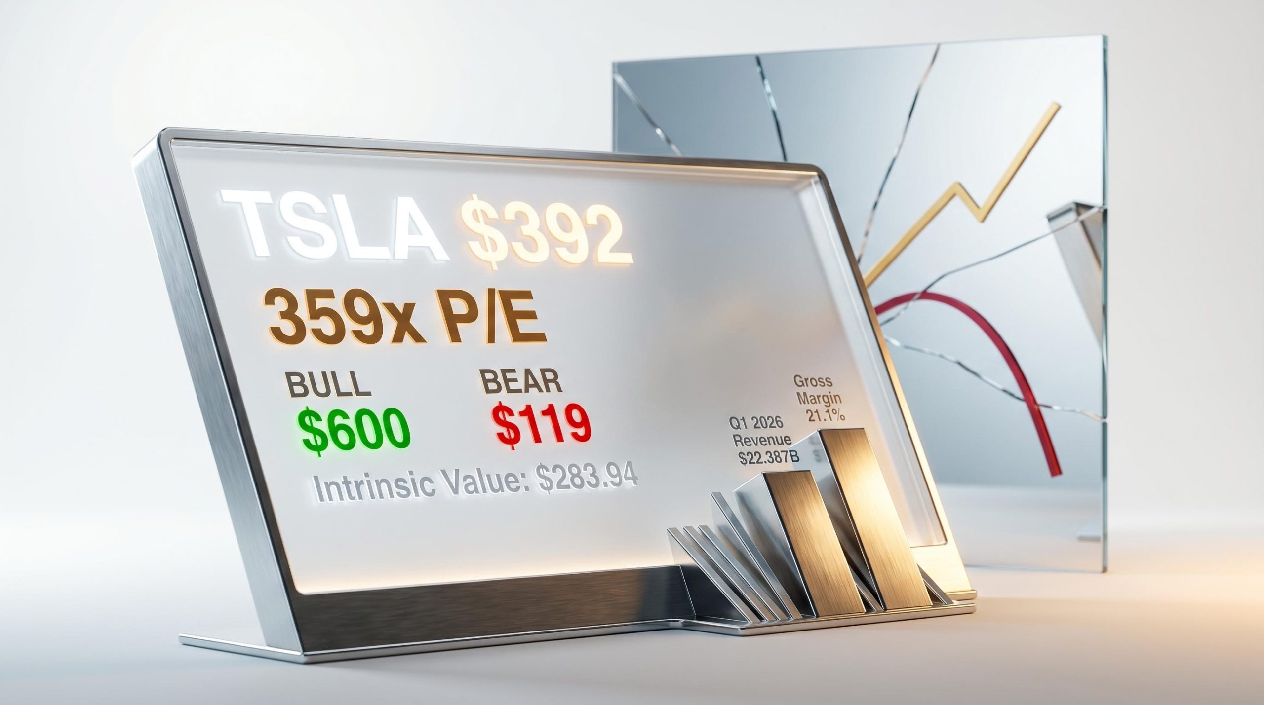 Tesla TSLA stock valuation analysis showing 359x P/E, $392 price, and $119–$600 analyst target range on display panel