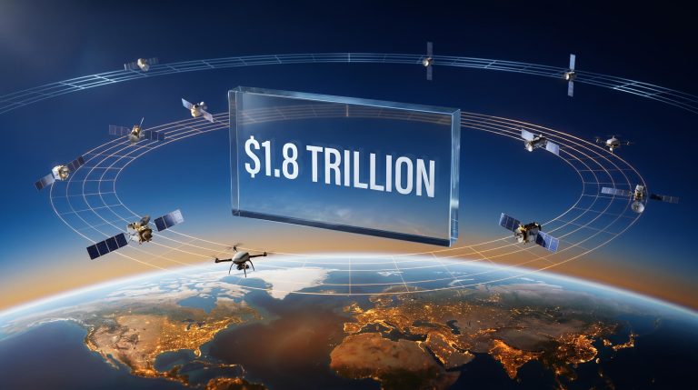 Space economy investing framework: $1.8 trillion projection visualised with satellites, orbital paths, and Earth from low orbit