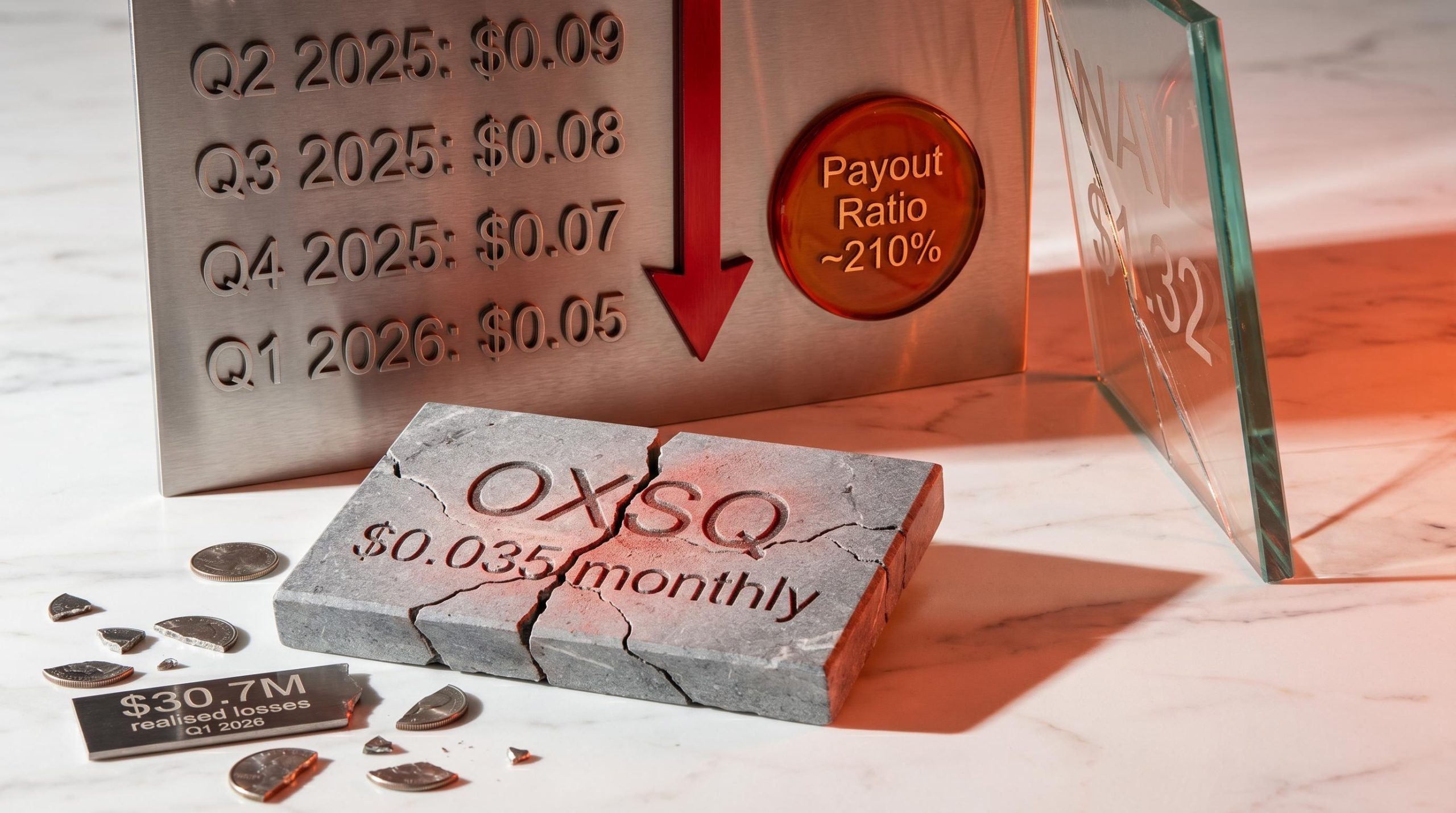 Oxford Square Capital dividend sustainability: cracked OXSQ plaque, NAV $1.32, payout ratio ~210%, NII decline ledger