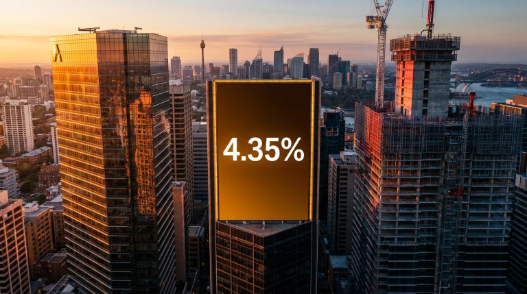 Sydney skyline split by "4.35%" RBA rate — bank tower in golden light vs REIT construction in red, ASX high interest rates divergence