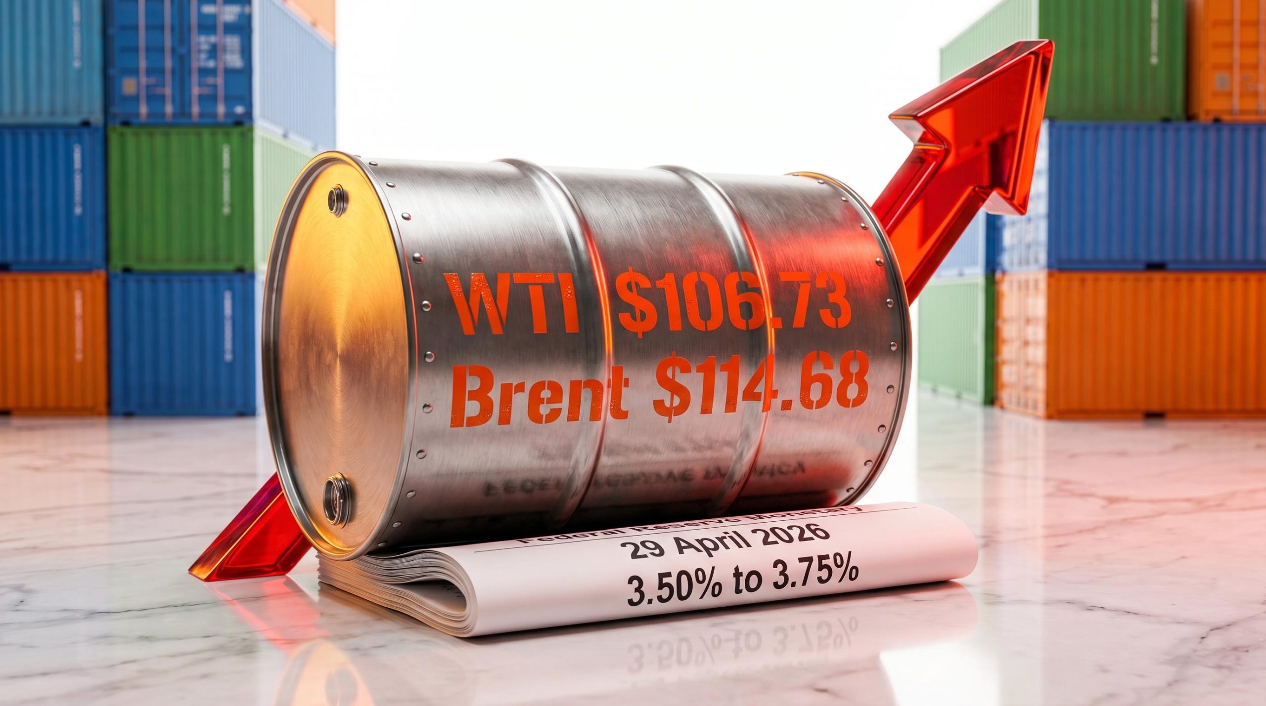 Brushed steel oil barrel marked WTI $106.73 crushing a Fed policy document, symbolising severe macroeconomic headwinds.