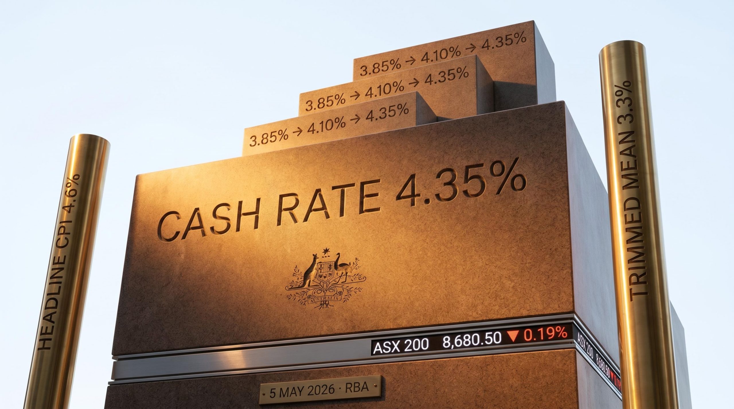 RBA cash rate plinth engraved with 4.35% and CPI 4.6% under sharp amber editorial light, May 2026