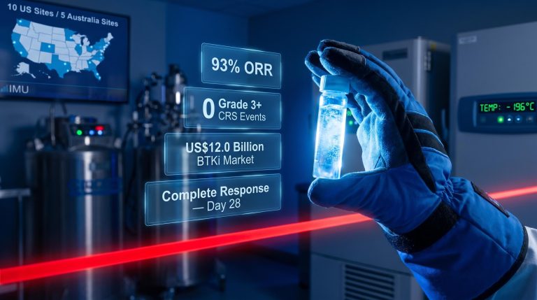 Azer-cel CAR-T therapy vial glowing against cobalt lab with 93% ORR and US$12B BTKi market data panels