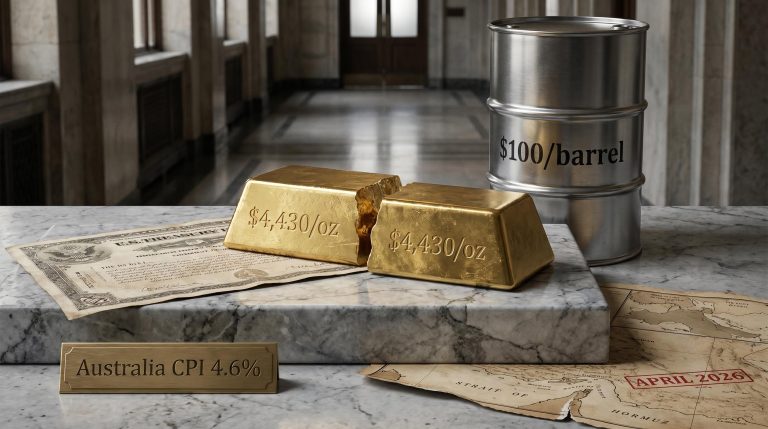 Cracked gold bar at $4,430/oz beside intact oil barrel labelled $100 — safe haven assets fail in April 2026 supply shock