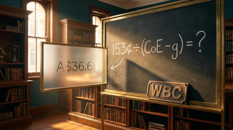 WBC share valuation DDM formula on chalkboard with A$36.68 price and 153¢ dividend as physical scene elements