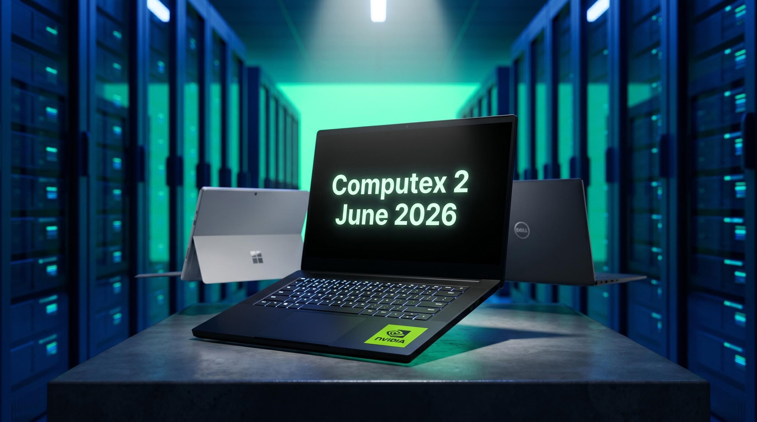 Nvidia-badged laptop flanked by Microsoft Surface and Dell at Computex 2 June 2026 reveal