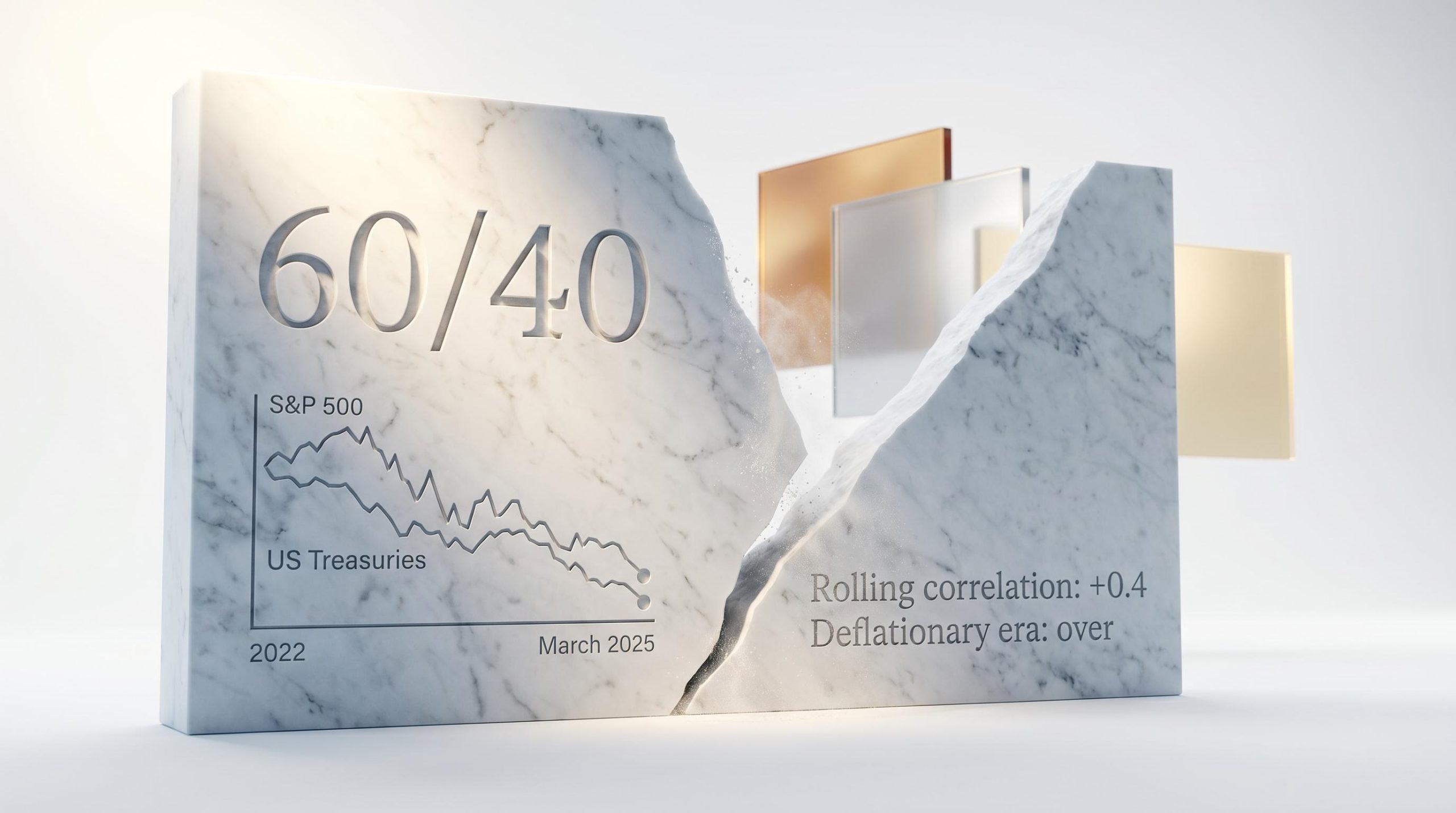 Cracked marble 60/40 slab with engraved 0.4 correlation data illustrating broken portfolio resilience assumptions