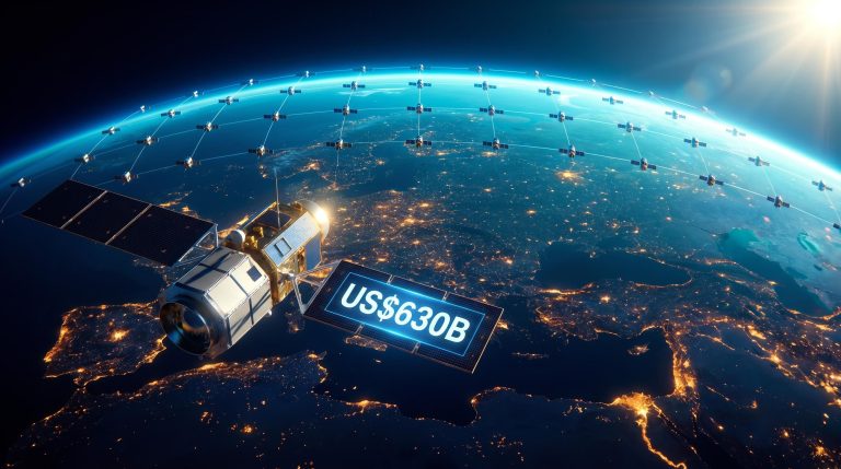 LEO satellite constellation above glowing Earth city-light grid, anchoring the commercial space economy investment thesis