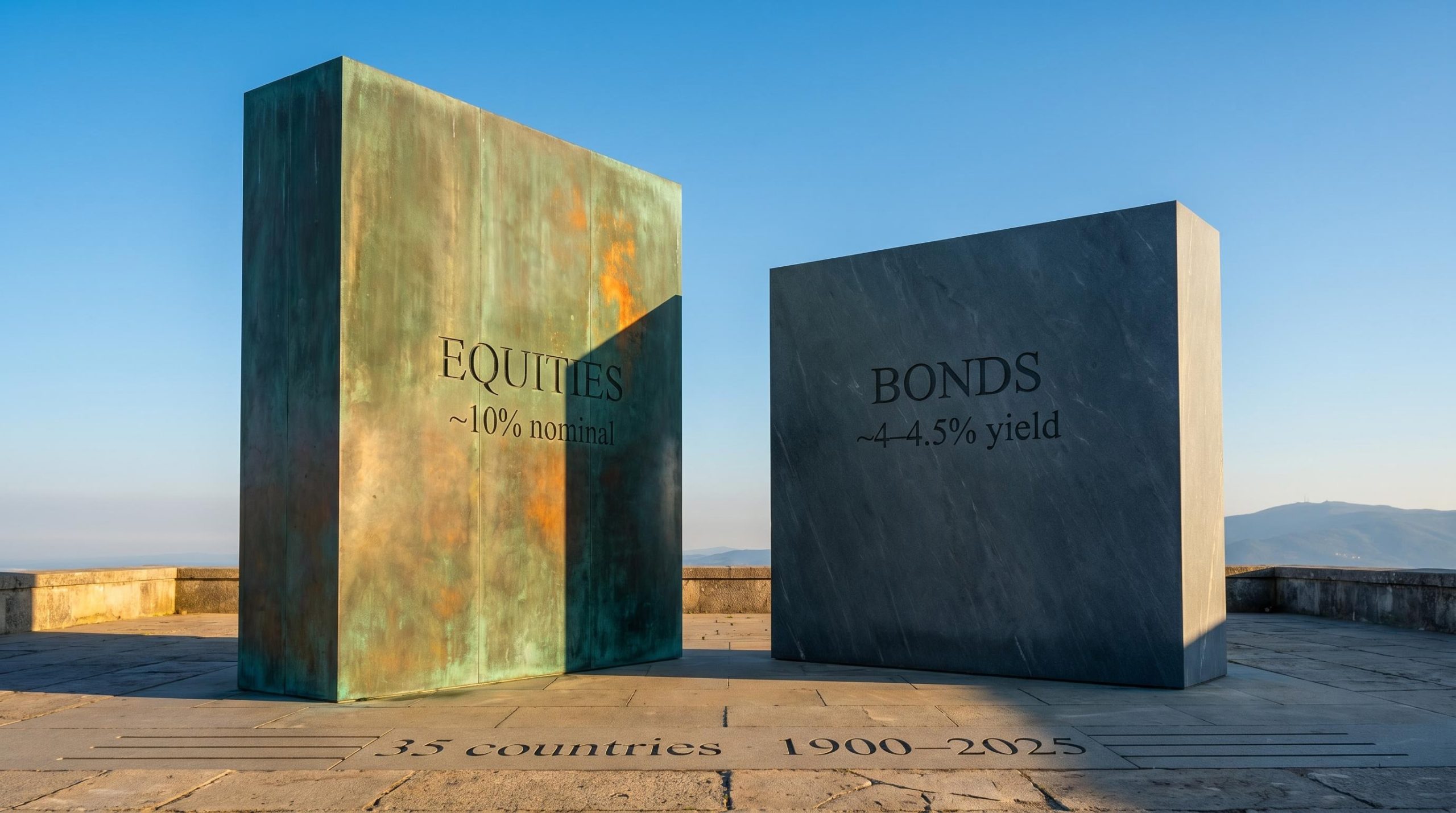 Two towering stone slabs representing stocks vs bonds long term, equities standing visibly taller under golden light