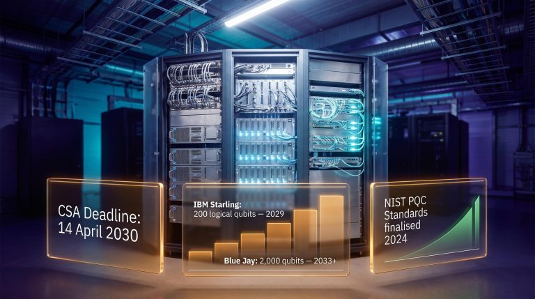 Quantum computing cryogenic hardware with 2030 CSA deadline and IBM qubit roadmap panels — investment analysis