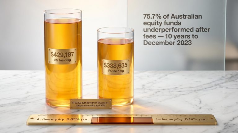 Two glass vessels showing $429,187 vs $338,635 wealth gap illustrate how fund expense ratios compound against investors