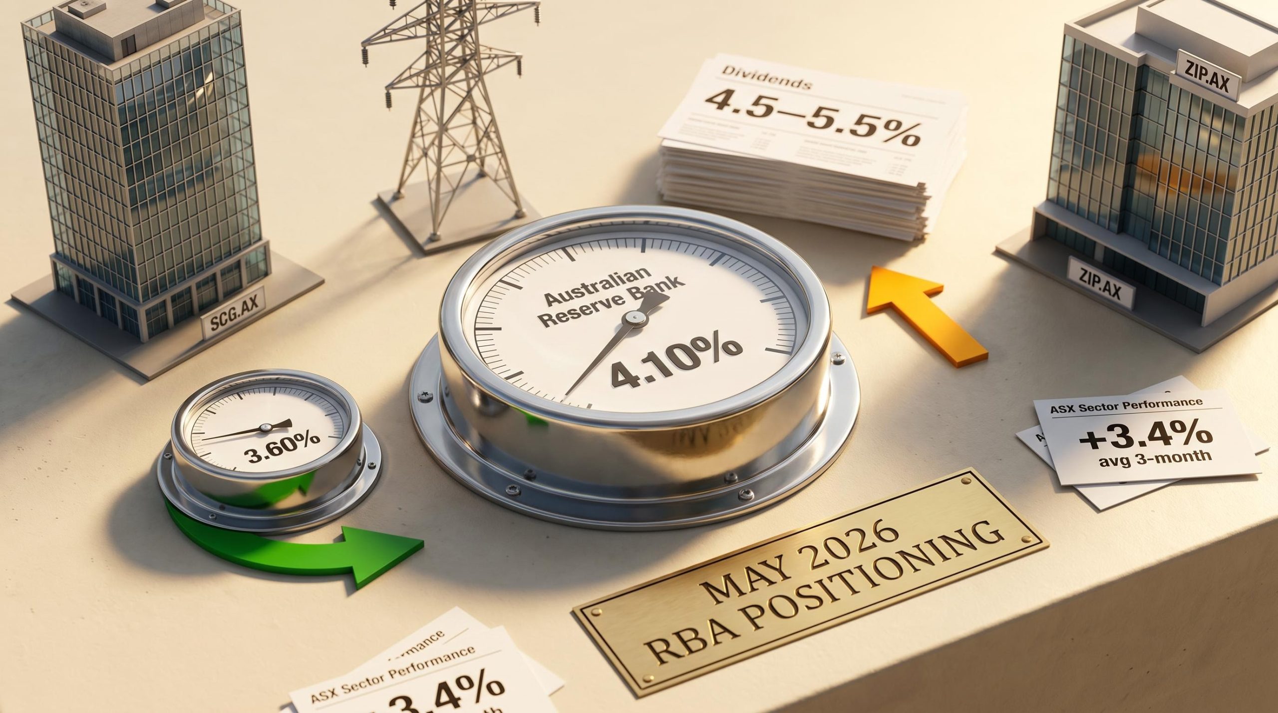 RBA cash rate gauge at 4.10% with ASX sector models showing rate-cut positioning ahead of May 2026 decision
