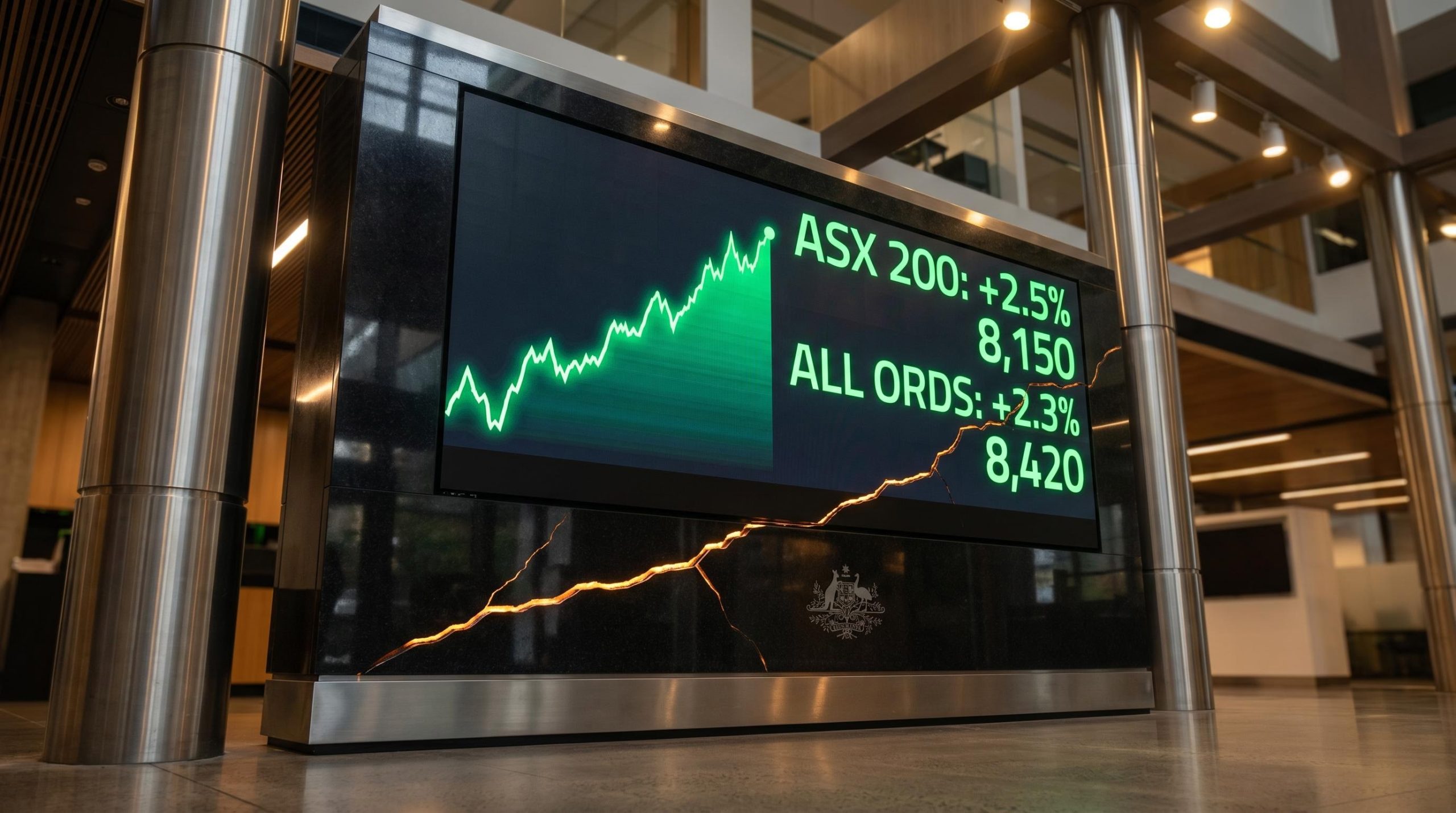 ASX market display board glowing green with a visible crack beneath, symbolising Australia CGT reform's structural risk to innovation