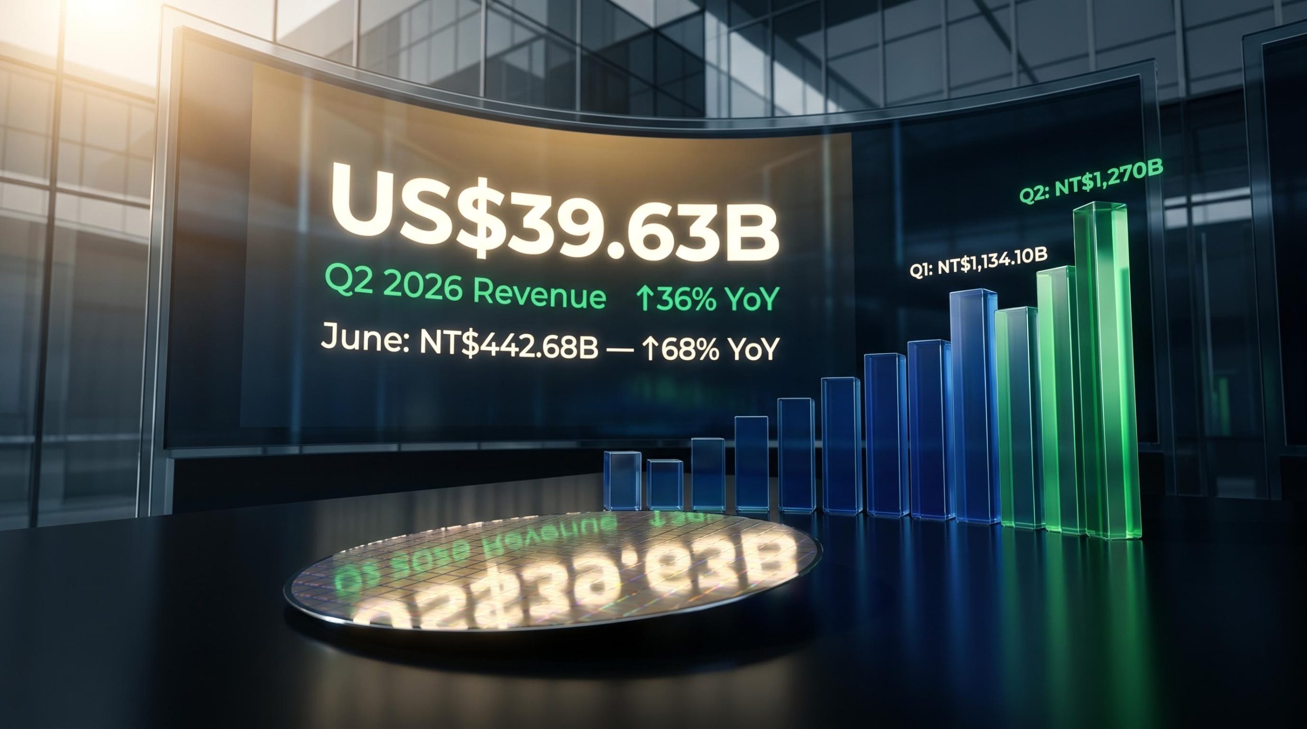 TSMC Q2 2026 record revenue US$39.63B displayed on trading screen with silicon wafer foreground and 36% growth data overlay