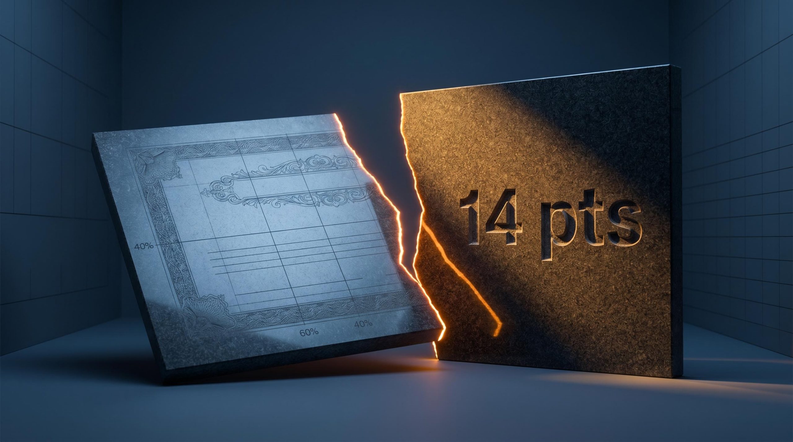 Cracked granite slab split by glowing fault line with "14 pts" etched in amber — stock market crash protection cost analysis