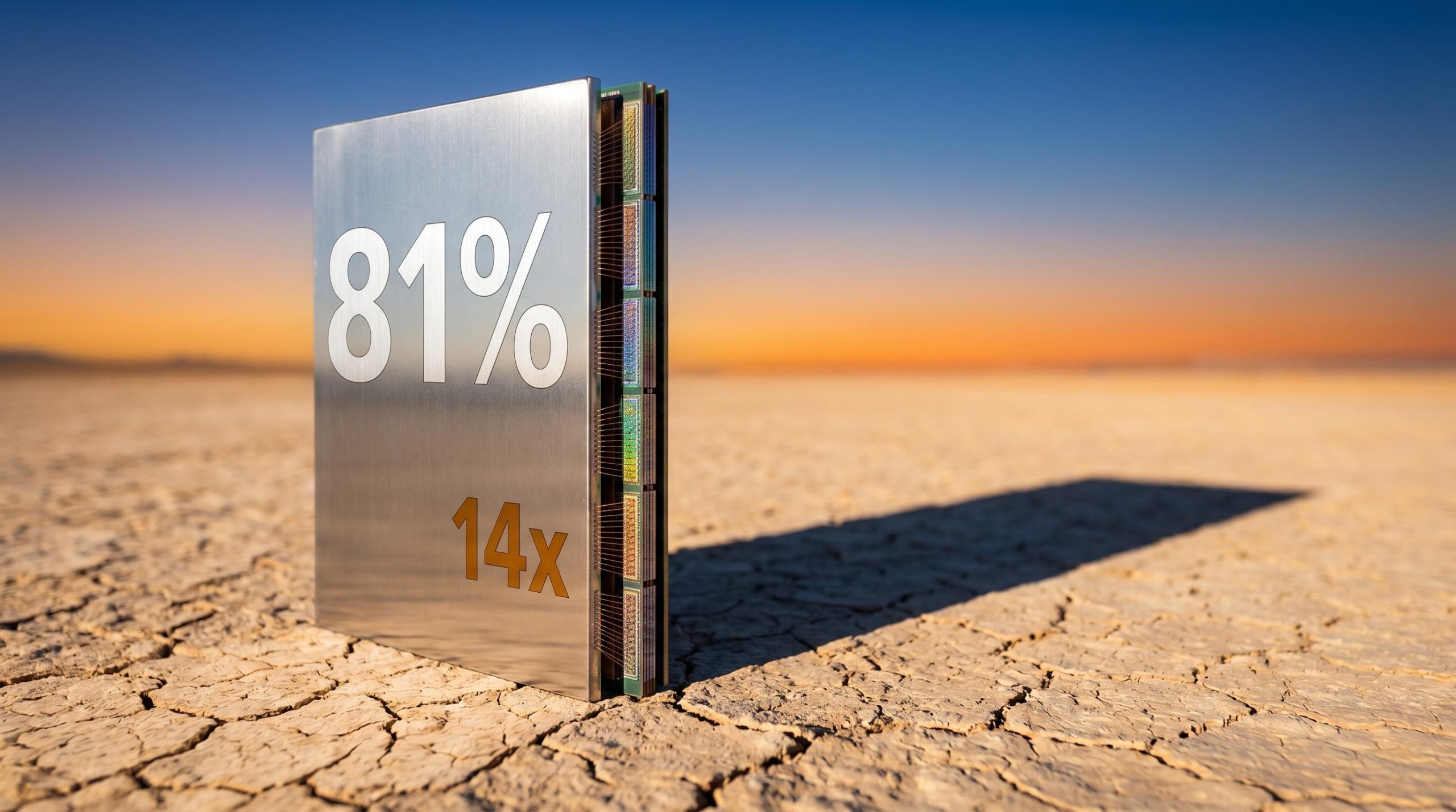 Micron stock analysis: HBM memory chip monolith with 81% and 14x earnings multiple on desert landscape