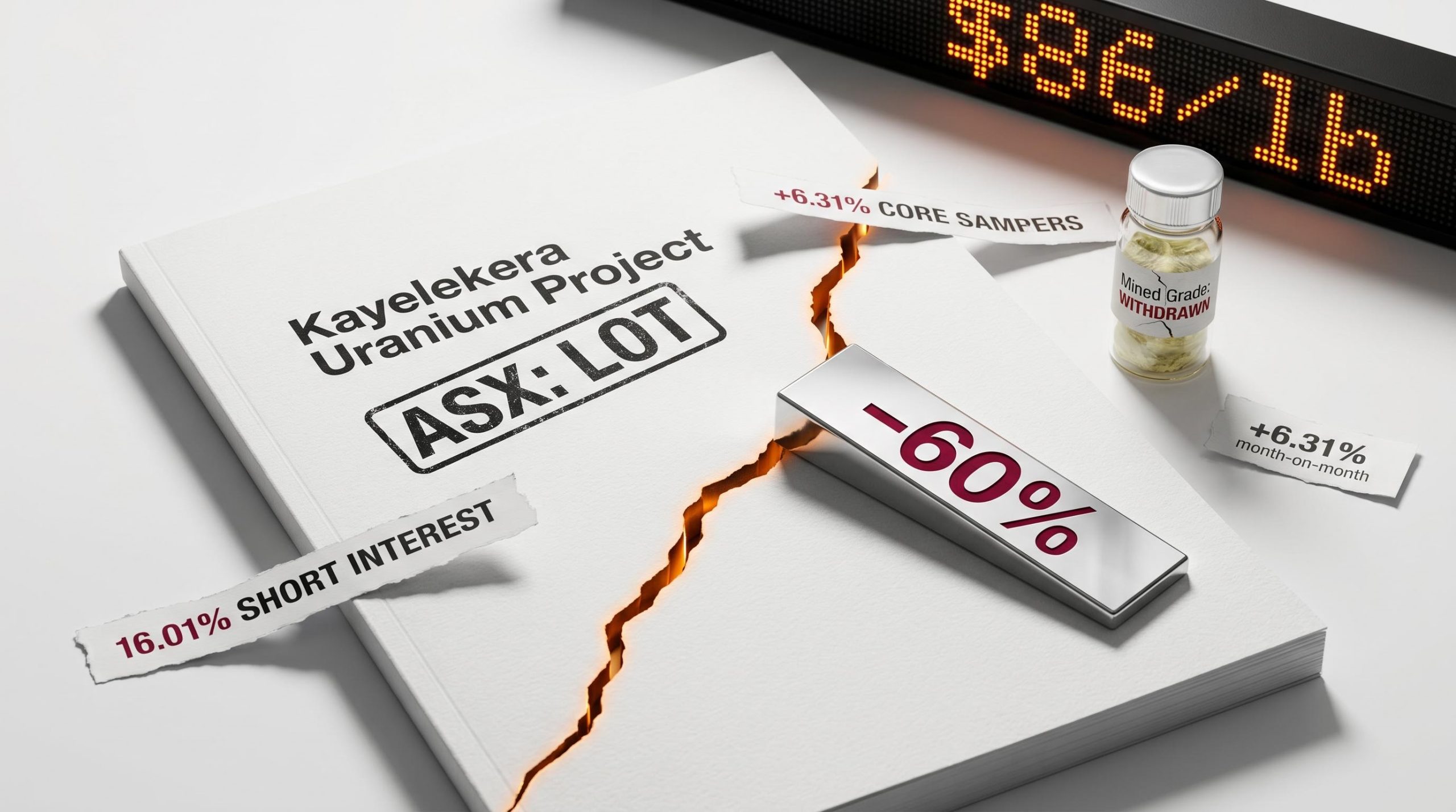 Cracked Kayelekera assay report with LOT ticker and 16.01% short interest data — Lotus Resources ASX analysis