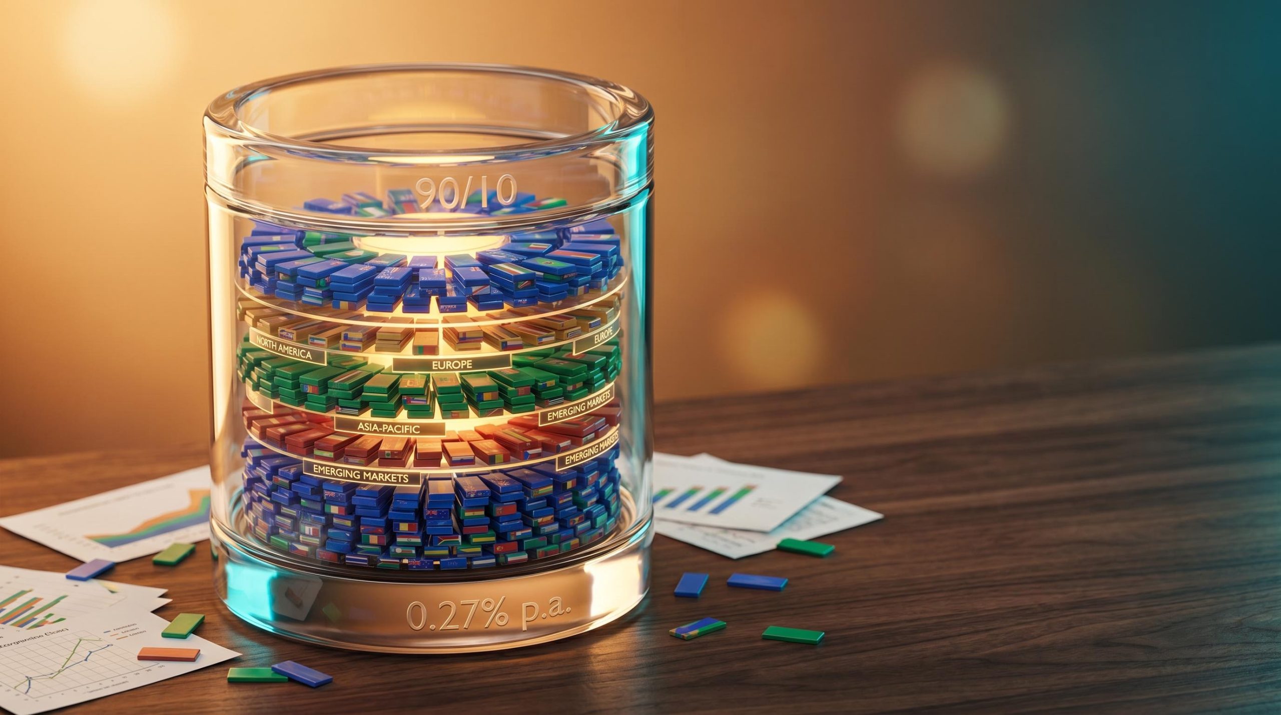 Single glass vessel containing layered global ETF allocations, illustrating how VDHG ETF simplifies diversified investing