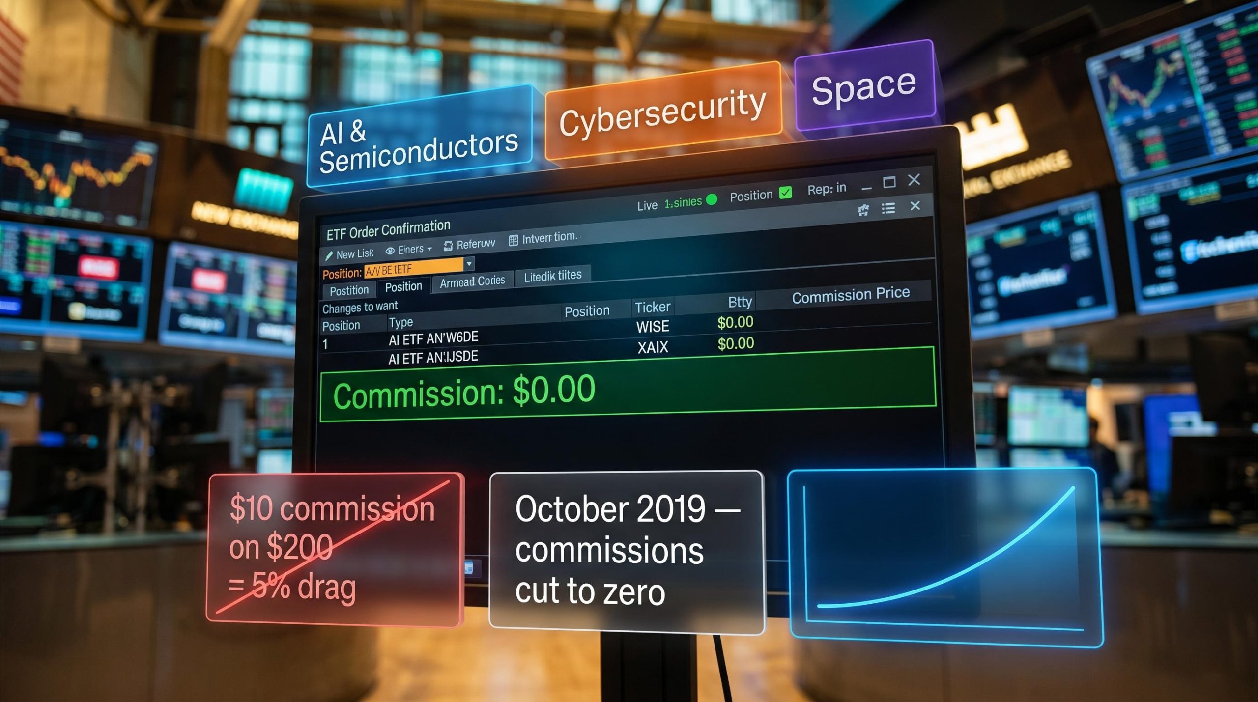 Zero-commission ETF order screen showing $0.00 fee with WISE and XAIX tickers and October 2019 milestone panel