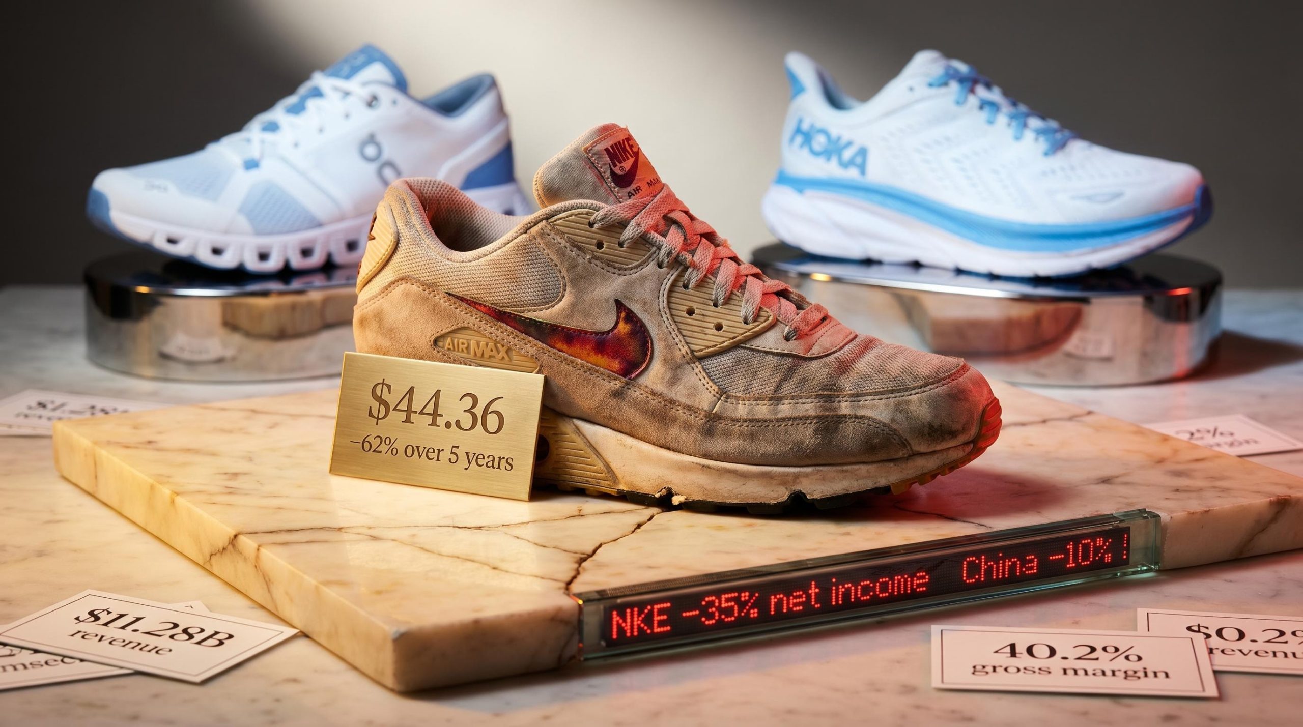 Worn Nike sneaker beside rival On Running and Hoka shoes, with NKE stock data $44.36 and –62% engraved on brass plaque